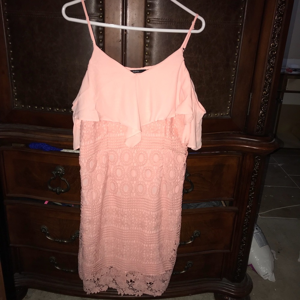 Pink lace cold shoulder dress